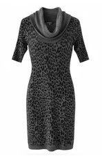 Express Black and Grey Leopard Print Cowl Neck Short Sleeve Sweater Dress Small