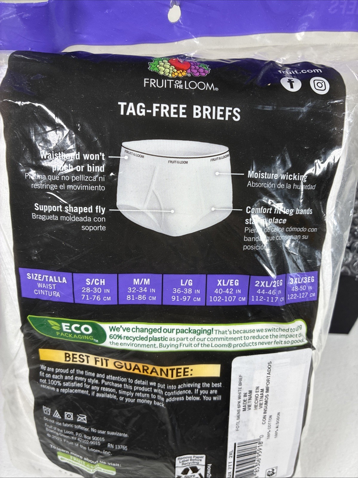 Fruit of the Loom Mens White Tag Free Cotton Briefs Underwear 6 Pack Size 2XL