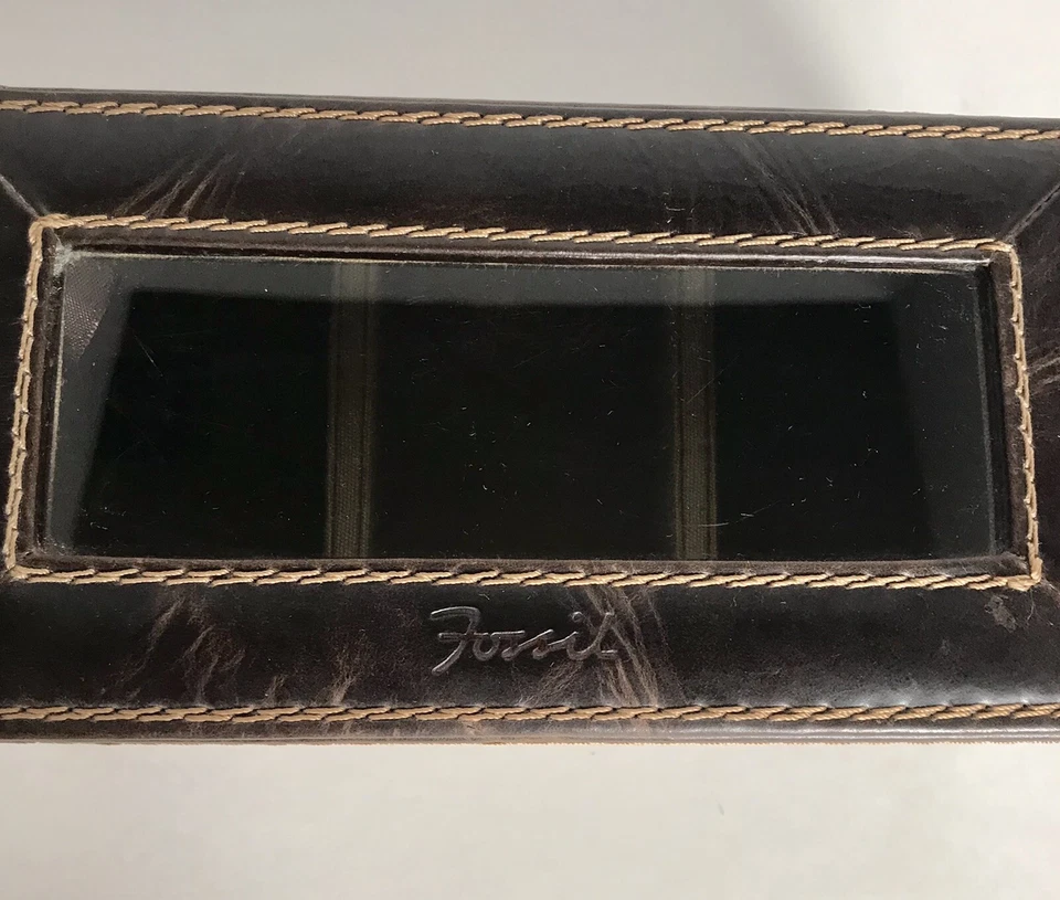 FOSSIL Caja Reloj Joyería Valet Cuero Genuino 3 Secciones Marrón Organizador Foto 4 de 4
