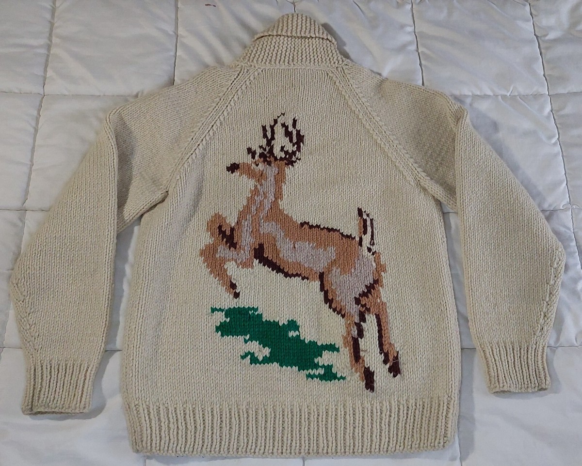 Vintage 50s Hand Knit Cowichan Shawl Collar Zip Up Deer Jumping
