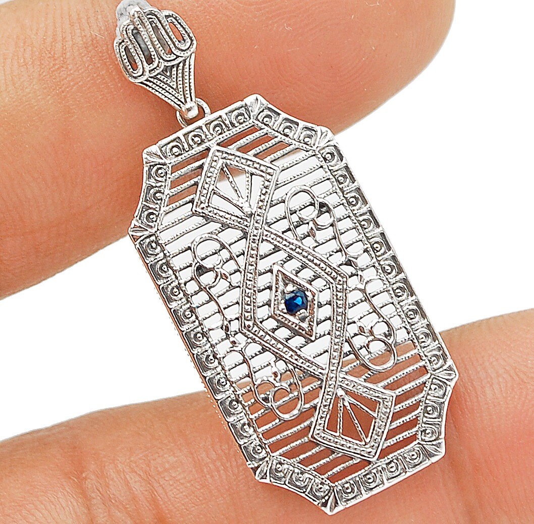 Treated Blue Sapphire 925 Sterling Silver Victorian Style Pendant Jewelry AB1183