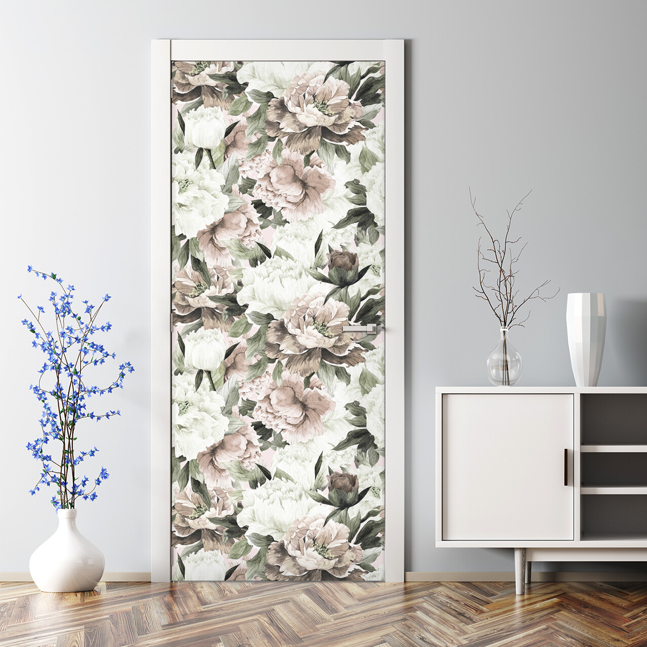 Pastel Peony Floral Mural Self-Adhesive Door Decal with Light Peonies Pattern