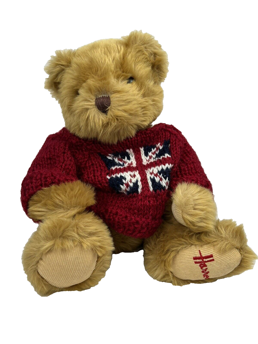 Harrods Knightsbridge Teddy Bear Plush Red Knit Sweater UK Flag 14 inch