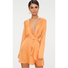 Pretty Little Things | NWT Tangerine Orange Satin Long Sleeve Wrap Mini Dress 8