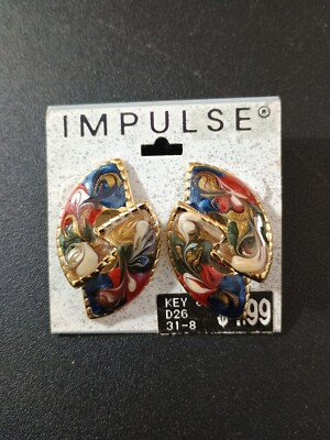 Impulse Multi Color Enamel Swirl Gold Tone Vintage Post Earrings New