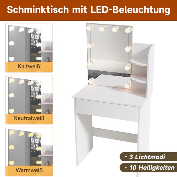 Schminktisch Mit Led Beleuchtung Frisiertisch Kosmetiktisch Kommode Spiegel Weiß-image
