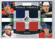 2013-14 SP GAME USED SCHULTZ HAMILTON MURPHY BEAULIEU QUAD JERSEYS OILERS BRUINS