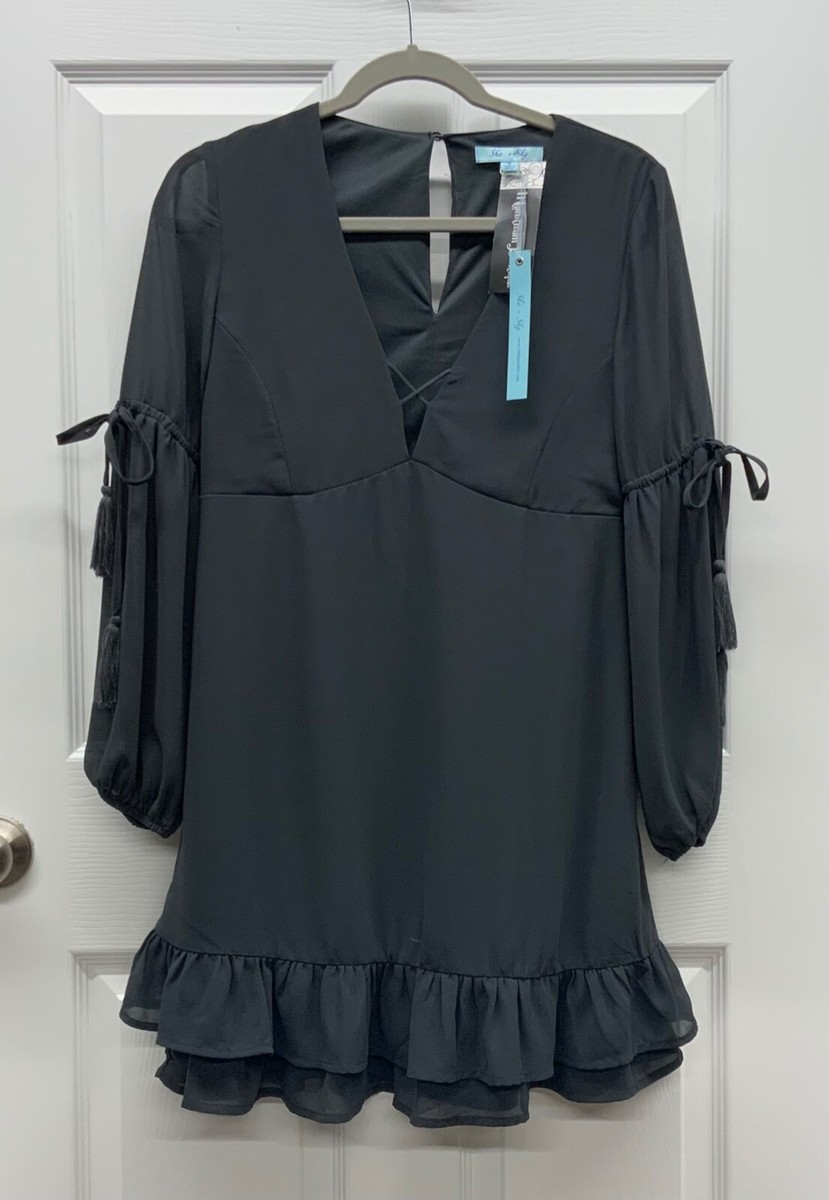 she sky ruffle sleeve dress Ruffle Sleeve Tiered Dress W/Contrast Piping