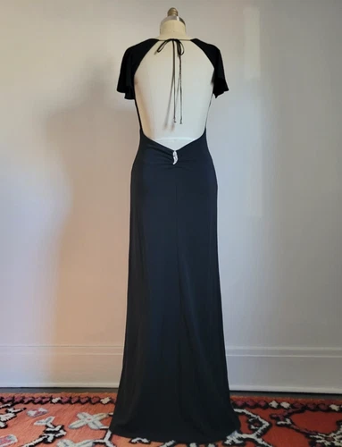 BCBG MAXAZRIA BLACK BACKLESS LONG DRESS w/ SPLIT CAP SLEEVE & BUILT IN BODY SUIT