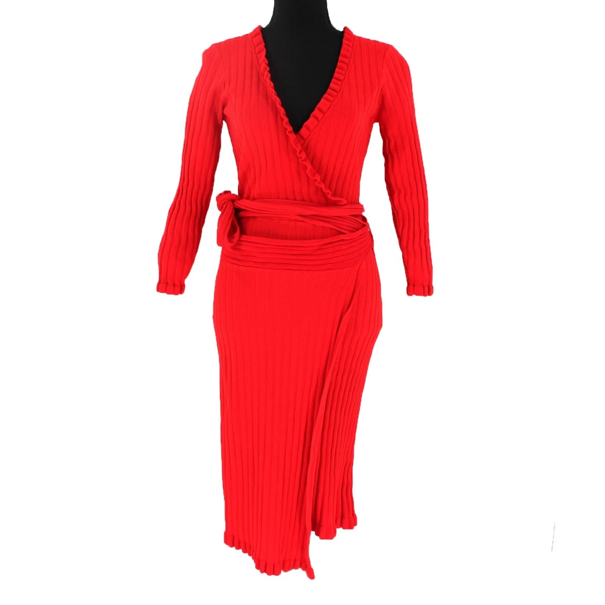 Milly Red Knit Wide Ribbed Wrap Dress Ruffle Edge V-Neckline True Mini Length M