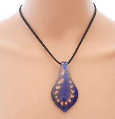 Lampwork Anhänger Blatt 60x42 Goldfolie Blau Kupfer Gold mit Band   317r - Bild 1 von 4