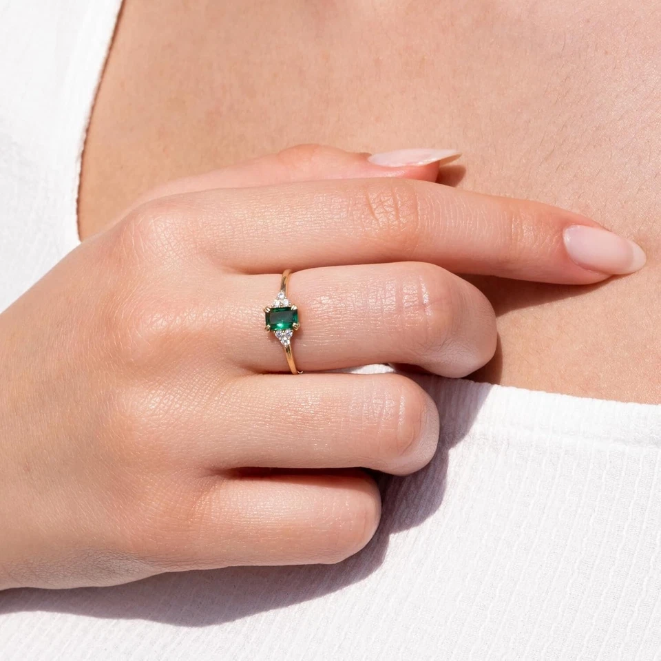 14k Solid Gold Lab-Created Emerald and Diamond Ring for Women Birthstone Jewelry - Image 2 of 4