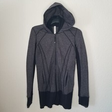Lululemon Athletica Gray Black Full Zip Hooded Jacket Thumb Holes Pocket Women 6