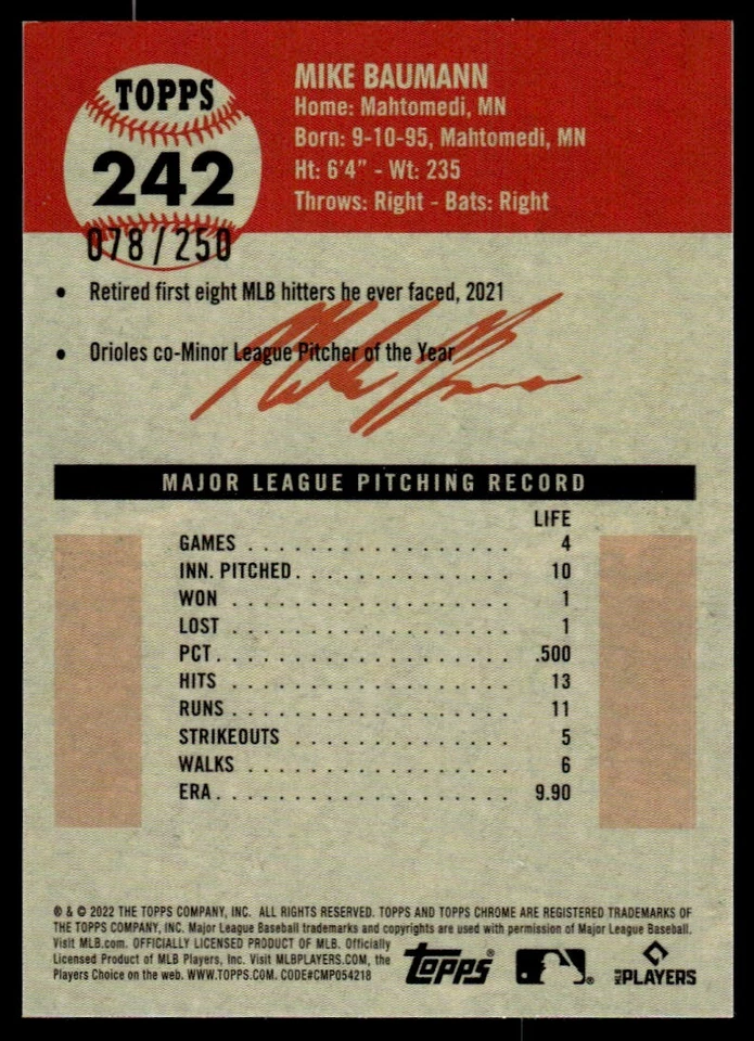 2022 TOPPS CHROME PLATINUM YELLOW REFRACTOR Mike Baumann /299 Baltimore Orioles - Image 2 of 2