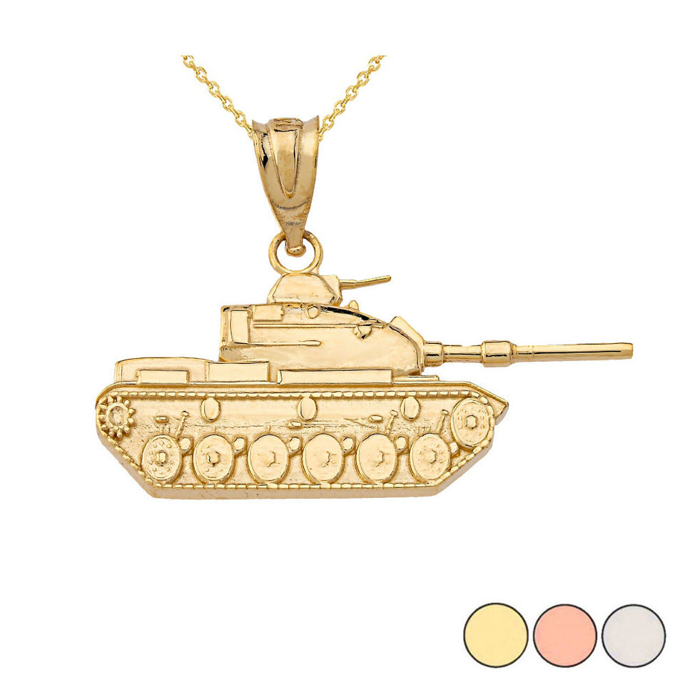 14K Solid Gold Military Tank Pendant Necklace -Yellow, Rose, or