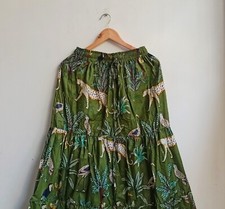 Indian Dark Green Tiger Long Frill Skirt Cotton Skirt Women's Clothing Skirts US