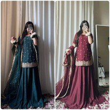 Party Wear Chinon Silk Top Plazo Set Embroidery Sequins Dupatta
