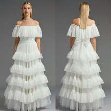 Simple Tulle Tiered Bow Wedding Dress Ruched A-line Boat Neck Long Dresses
