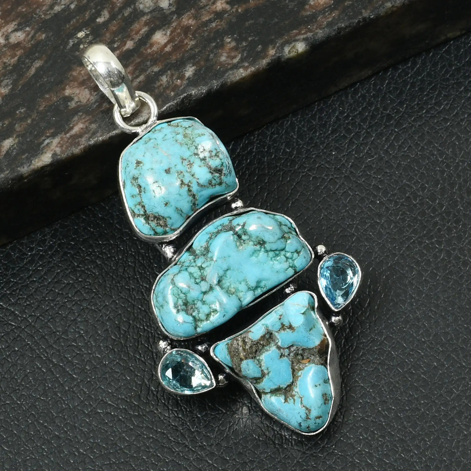 Turquoise Blue Topaz Gemstone Handmade Pendant Jewelry For Unisex 2.6