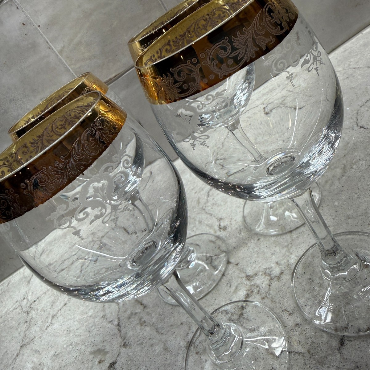 Cellini Etched Hand Blown Crystal Wine Glasses 24K Gold Trim Set of 4 Vtg  Italy