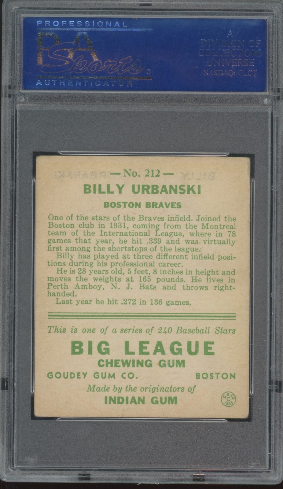1933 Goudey #212 Billy Urbanski VG EX PSA 4 view 2