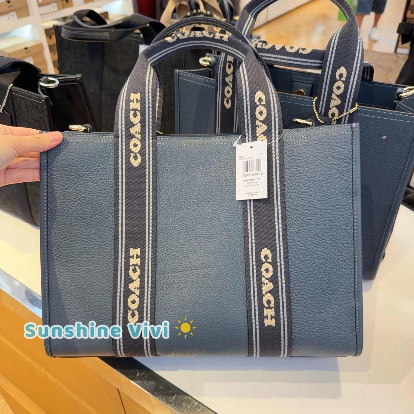 Borsa Coach CBM10 Smith nuova con etichetta in pelle di ciottoli e tessitura oro denim