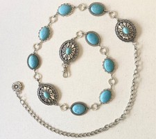 Silver Western Concho link chain belt Manmade turquoise Metal Belt Vintage