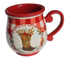 Four (4) Pioneer Woman ~ Novelty ~ RED Gingham ~ 16 Ounce Mug Set ~ COWGIRL BOOT