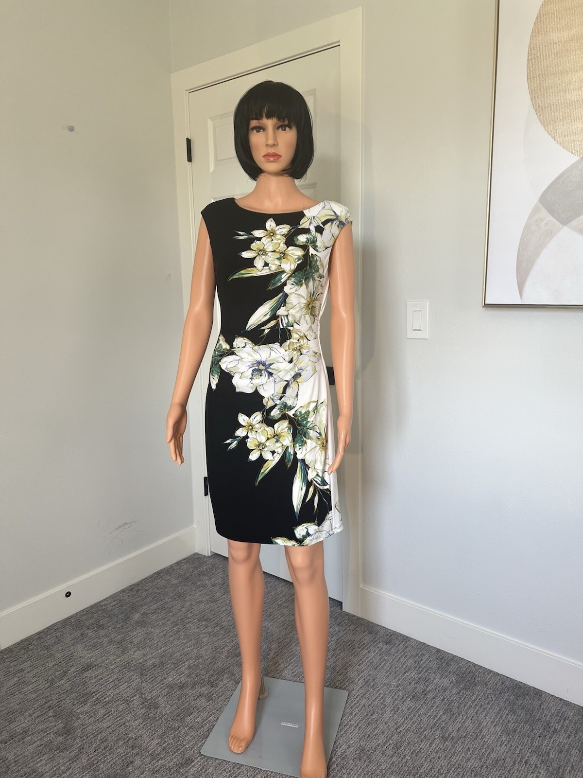 Lauren Ralph Lauren Black White Floral Sheath Dress Boat Neck Sleeveless 6P