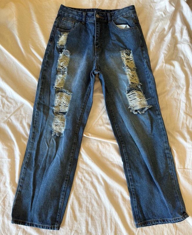 Women’s Wide-Leg Denim Jeans Blue Medium Wash Distressed 5-Pocket Button M