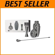 Elegant Gunmetal 4-Piece Cocktail Bar Set: Shaker, Jigger & Strainer Essentials