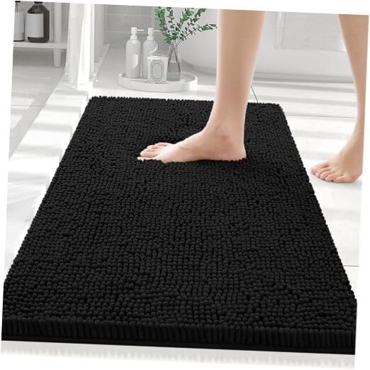 Soft Luxury Chenille Bathroom Rug 24x16 Inches in Black