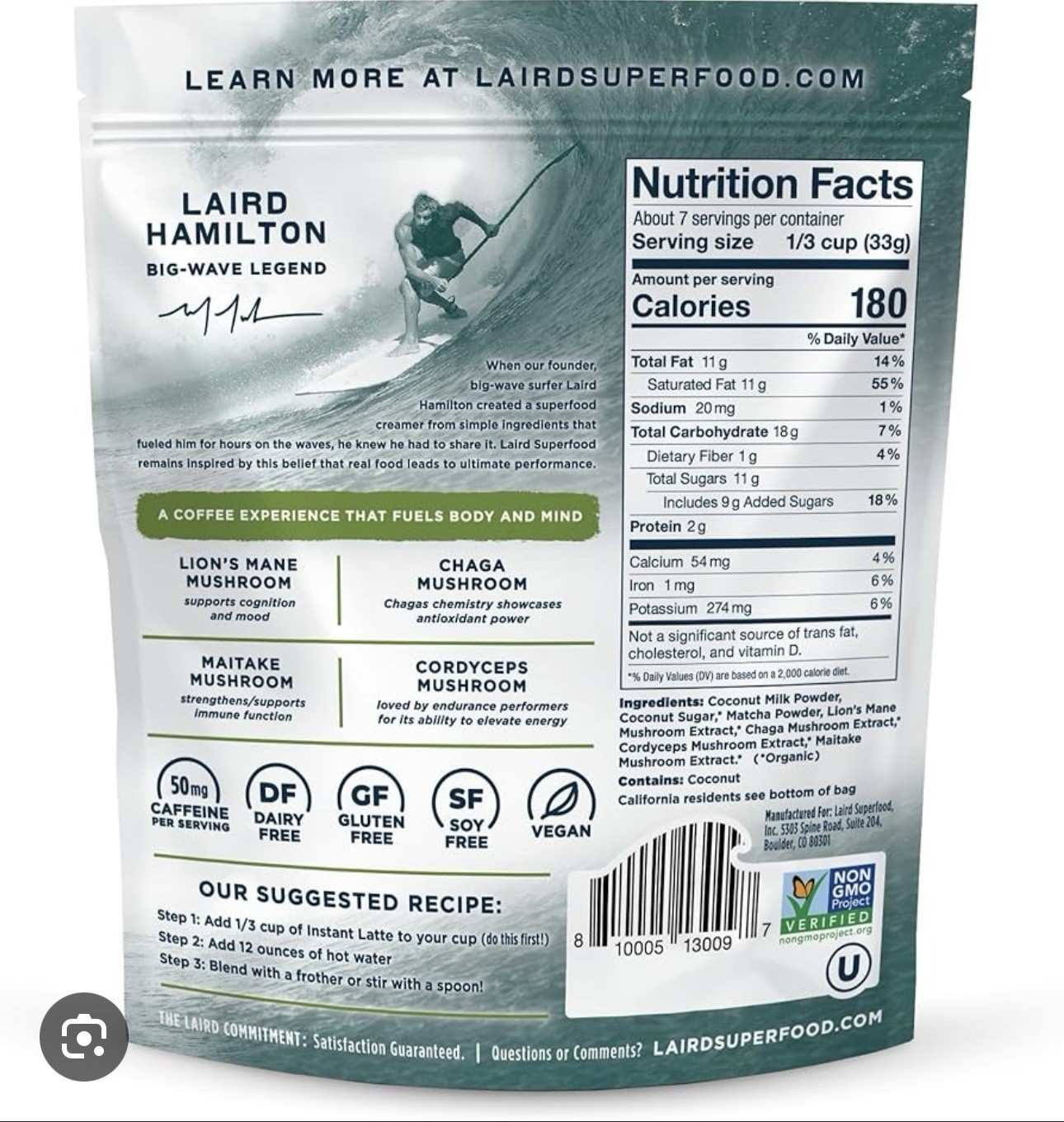 2-Pack Laird Superfood Matcha Instant Latte Powder w/Adaptogens-8oz Each