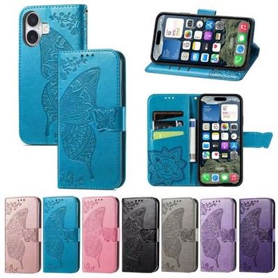 Brieftasche Lederhülle für iPhone 17e 16 Air Pro Max Reißverschluss Riemen Flip Cover Butterfy