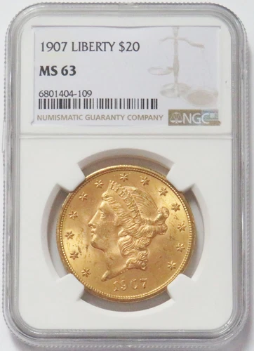 1907 GOLD $20 LIBERTY HEAD DOUBLE EAGLE COIN NGC MS 63