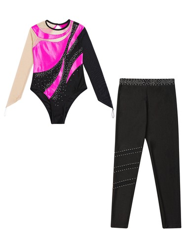 Kids Girls Tracksuit Keyhole Back Outfit Metallic Set Dance Leggings Mesh 2pcs - Picture 21 of 74
