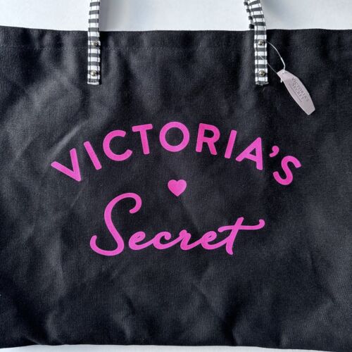 Victorias Secret XL Weekend Tote Bag Purse Gift Neon Pink Heart Stripped Black - Picture 2 of 10