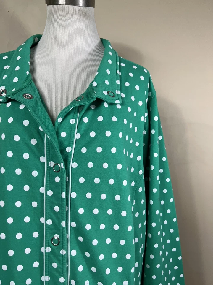 Quacker Factory 2X Jacket Green White Polka Dot Snap Front Pockets Stretch H8 - Image 3 of 4