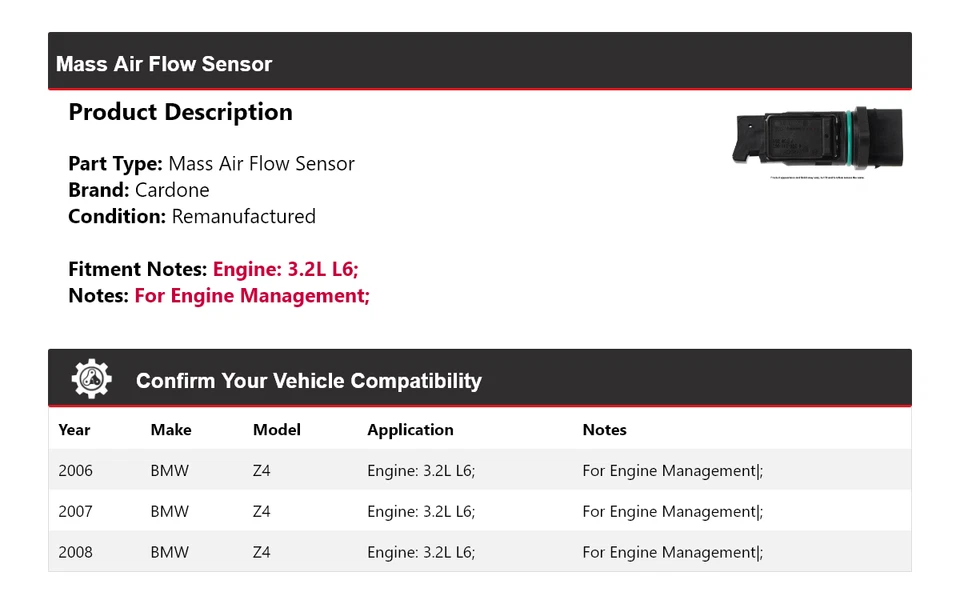 Sensor de flujo de aire másico Cardone 2007 para BMW Z4 2006-2008 3,2 L L6 Foto 2 de 4