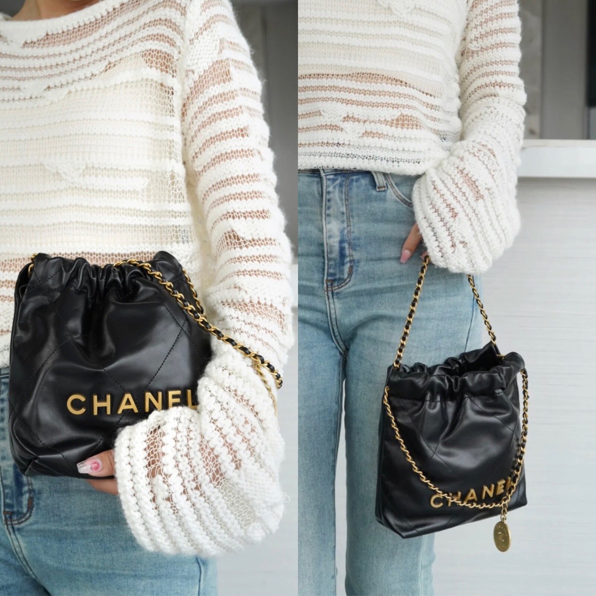 NWT 23S Chanel 22 mini Handbag Shiny Calfskin Black with Gold HW