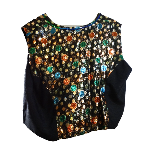 Vintage Sue Herron USA Sequins Vest Black Silver Gold Red Blue Sparkles large - Picture 2 of 3
