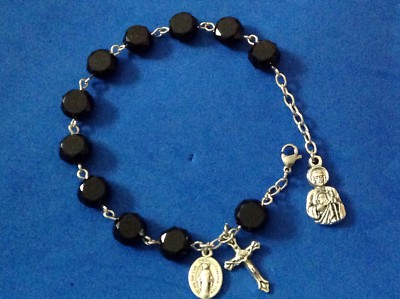 Custom St JUDE Jet CRYSTAL Rosary Bracelet Saint Medal Stainless 8mm 7-8  Wrist