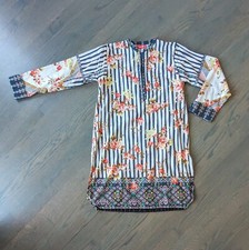 Zeen Women's Pakistani Indian Kurti, Stripes Floral - Size 12