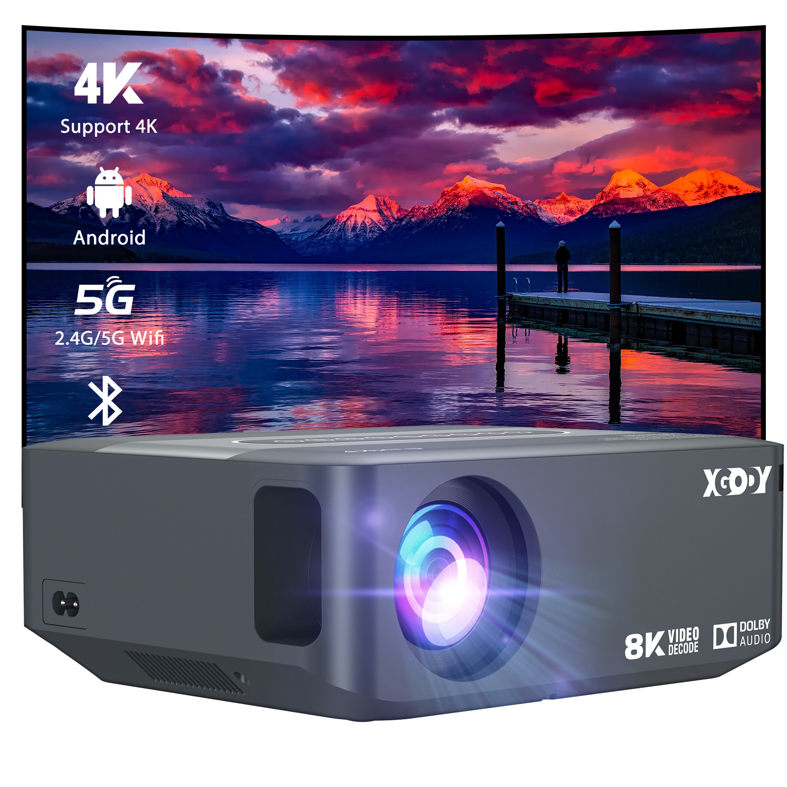 Portable WiFi Bluetooth 5.0 Projector 4K LED Android9.0 Projector HD 12000 Lumen