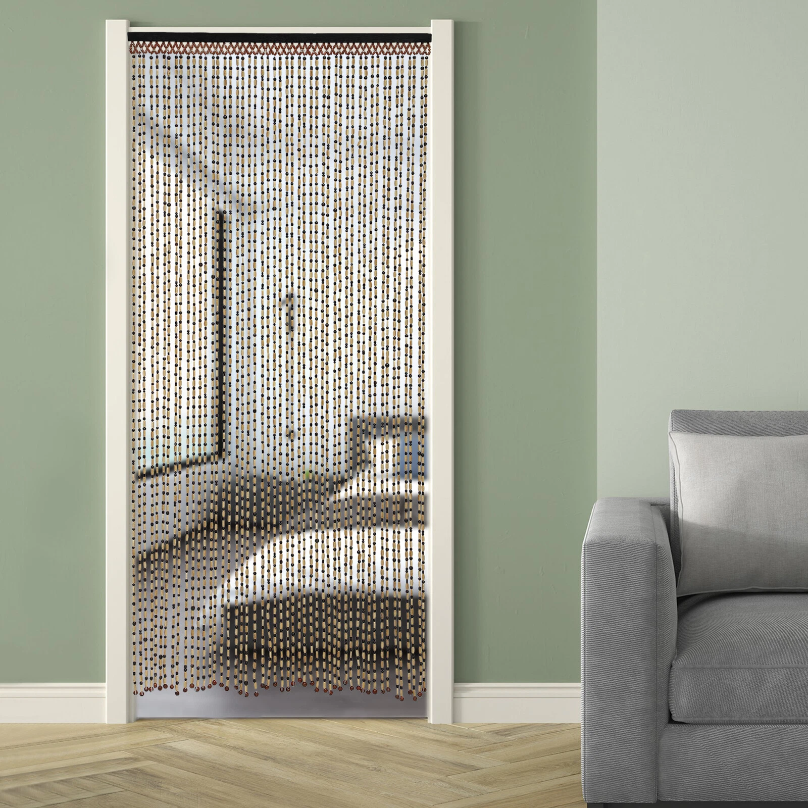74.8in Natural Wood Bamboo Beaded Curtain Wooden Hanging Room Divider Decoration