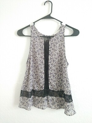 LUSH Floral & Lace Tank Top Blouse SHEER Sleeveless Purple XS Chest 32''