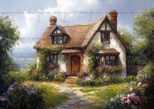 COTTAGE FLORAL LANDSCAPE ART PRINT, Rustic Home Wall Decor Romantic House Poster
