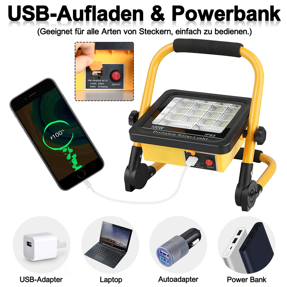 100W LED Suchleuchte Taschenlampe Solar Flutlicht Arbeitslicht Camping Laterne - Bild 4 von 4
