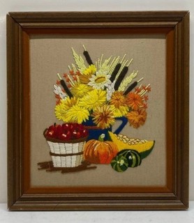 Vintage 70s mid century MCM Handwoven Floral Fruit Basket Fall crewel 17” x 19”
