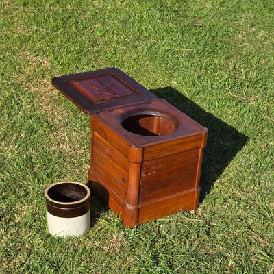 Antique Victorian Commode Box / Hidden Floral Carving & Ceramic Pot on Wheels